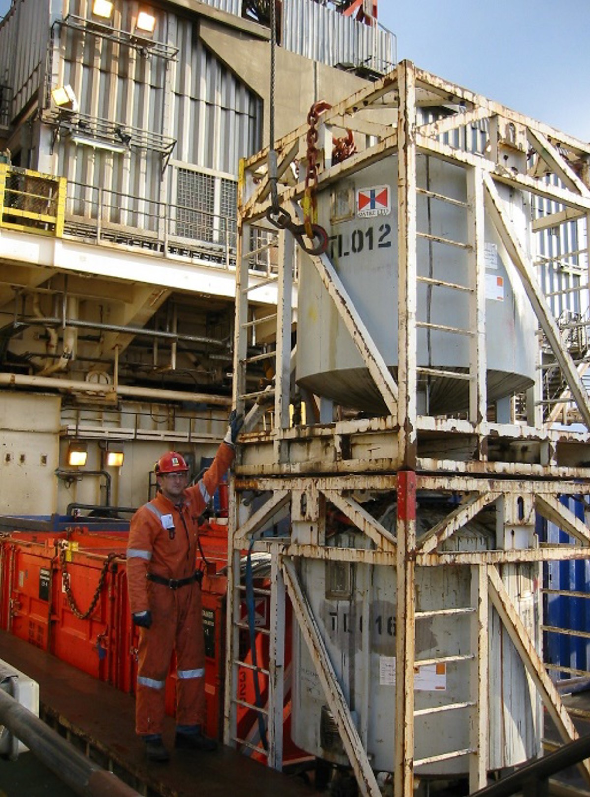 two chemical pods had been stacked to make room for arriving cargo