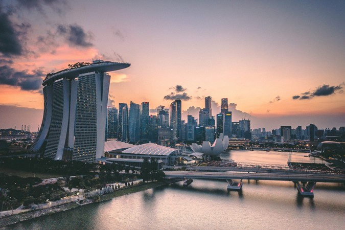 Photo of Singapore's iconic skyline at sunrise