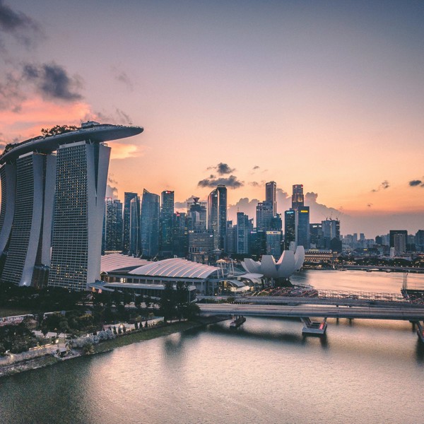 Photo of Singapore's iconic skyline at sunrise