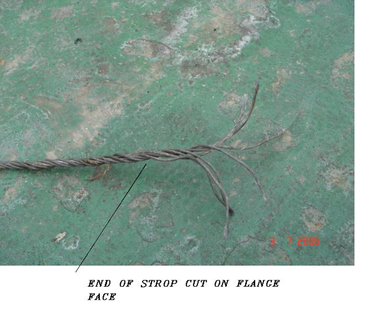 IMCA SF Lifting wire strop failure during air bag lift 2 End of strop cut on flange face
