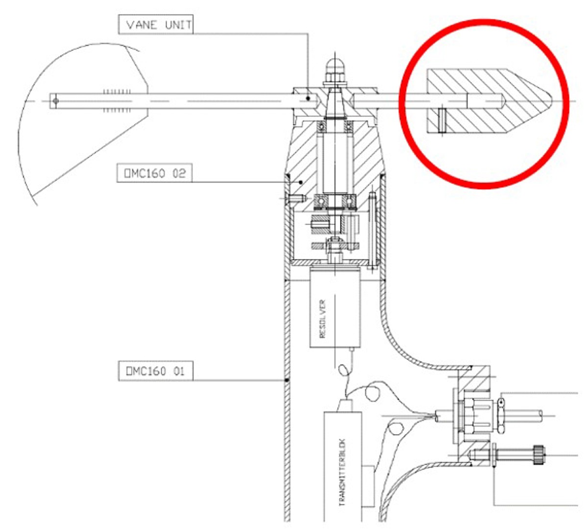 Before: Single point failure - one grub screw A small part weighing 0.3kg fell 20 metres from an OMC-160 wind speed and direction sensor installed on a vessel’s main mast. Two wind speed and direction sensors were installed on the vessel’s main mast; they consisted of a wind speed sensor and a wind direction sensor. The wind direction sensor was of the wind vane type unit and had a counterweight (length 6 cm/diameter 3 cm; 300 grams) fixed to it. This counterweight was only secured to the wind vane by a single grub screw.