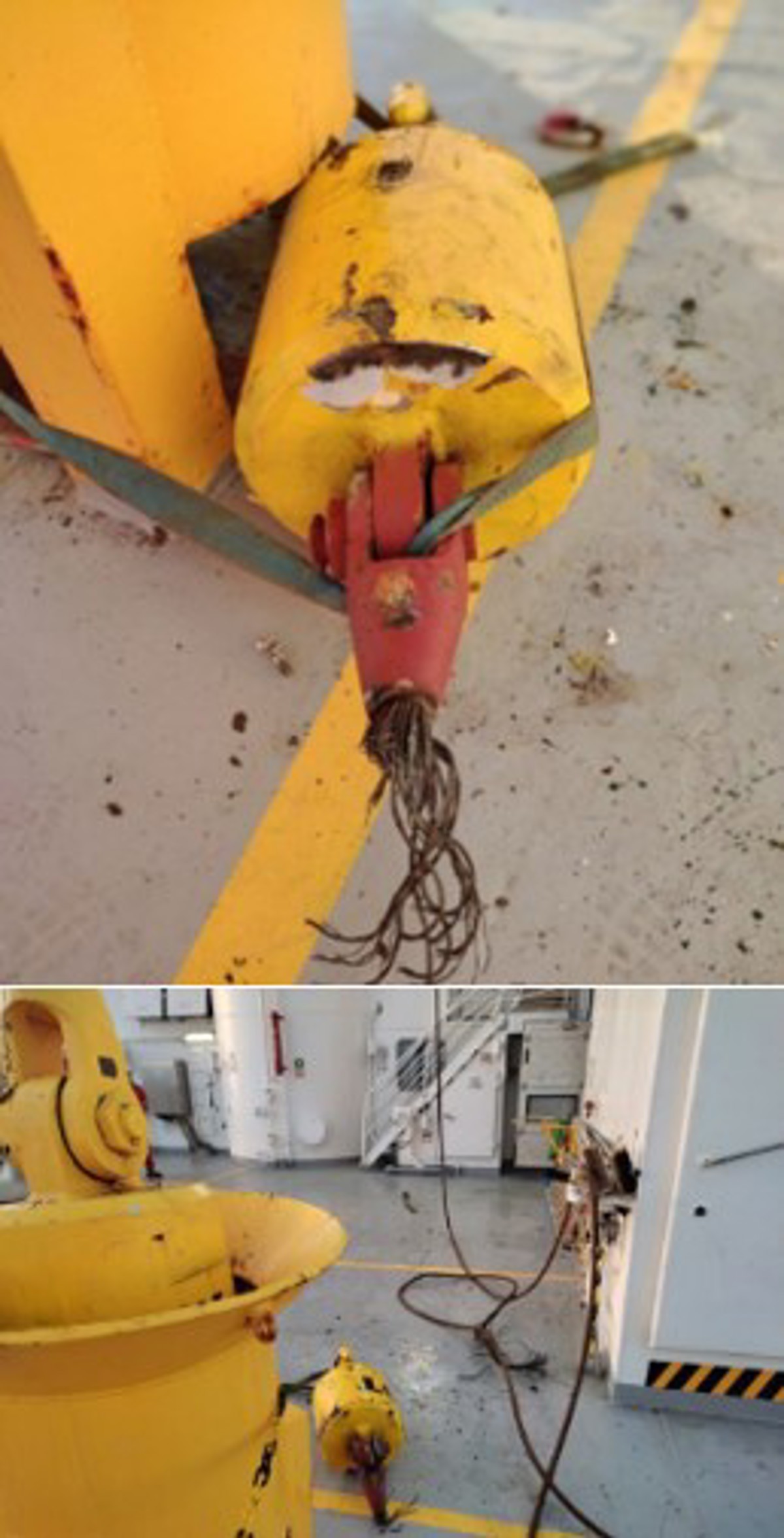 Damaged hook, block and wire the block  and hook fell approx. 3m down  to deck, and bounced before  coming to rest. Six people were  involved in the operation and  found to have been at high risk  had conditions been slightly different.