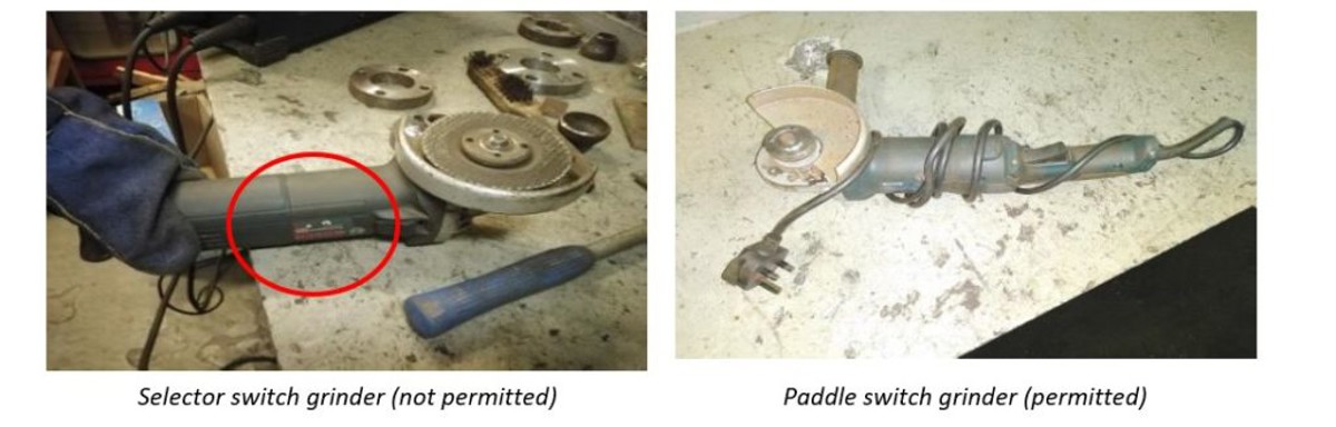 During a routine vessel inspection, crew were observed using a grinder with a selector switch as opposed to a paddle switch, which was contrary to procedures and communication from previous incidents and safety bulletins.