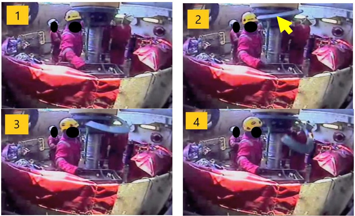 IMCA SF Dropped object: dislodged flex-joint laydown tool component Photographs: CCTV footage capturing the moment the load ring half plate, indicated by the yellow arrow, was dislodged from the laydown tool assembly image 1 and the subsequent trajectory of the dropped object (images 2,3 and 4)