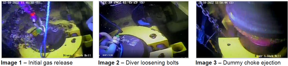 A Dive team was removing a dummy choke insert and replacing it with a choke valve insert. During the removal of the half shell clamps that retained the dummy choke insert, unexpected differential pressure from the flowline forced the dummy choke insert (85kg in water) out of the choke valve body at significant force. The two divers were loosening the clamp bolts around the dummy choke and were therefore close by when it ejected. 