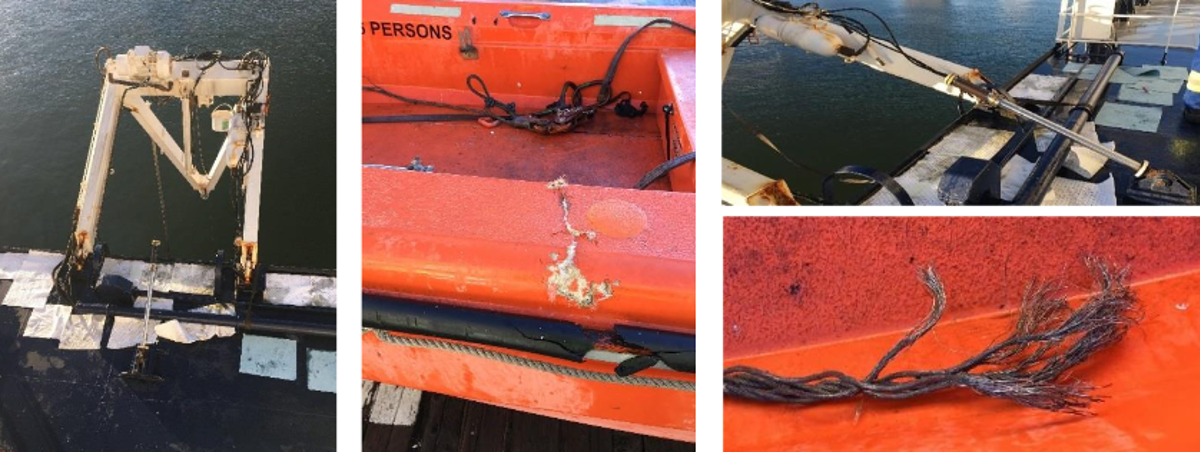 During the swinging out and lowering of the boat, the davit moved uncontrollably to the full extent of the piston, at which point the piston end cap separated from the piston and the davit carried on falling to the deck