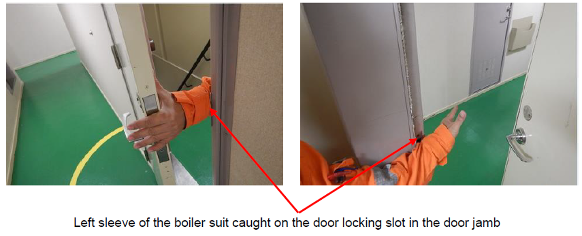 boiler suit sleeve caught on the locking slot in the door jamb