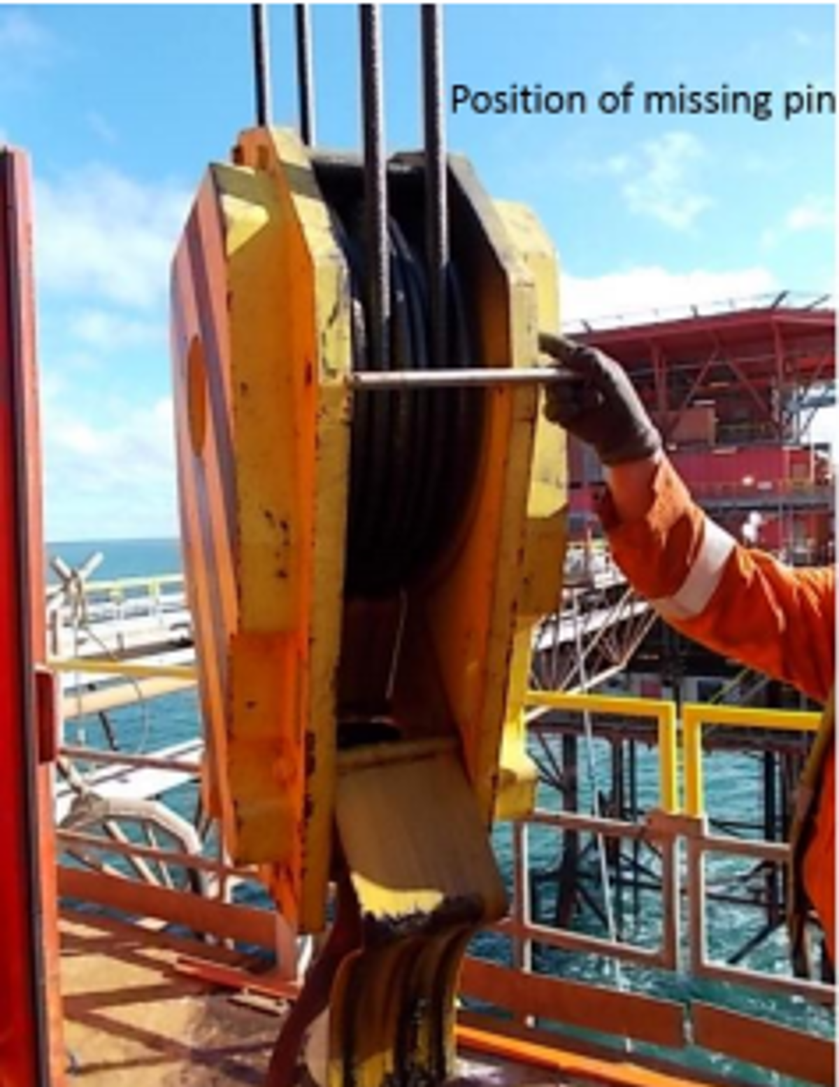 IMCA SF: Pin from crane block sheave guard fell 25m Image3 (2) position of missing pin