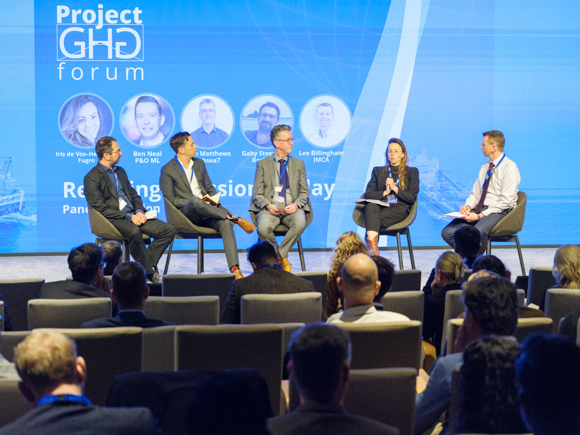 Photo of Panel discussion at ProjectGHG Forum (John Matthews - Subsea7, Ben Neal - P&O ML, Iris de Vos-Hermeler- Fugro, Gaby Steentjes - Boskalis)