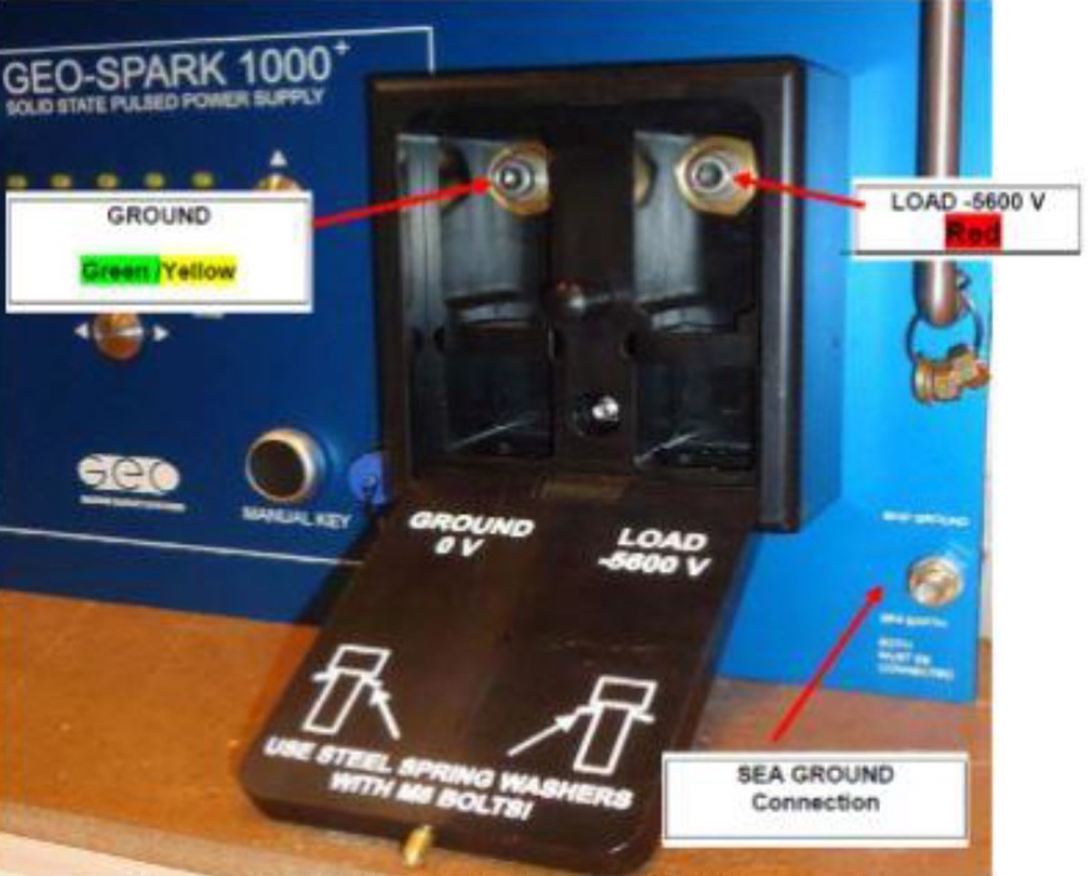 During initial tests of equipment, a spark was observed on the -5600 V High voltage terminals.