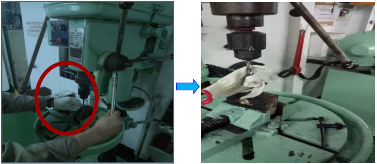 IMCA SF 02/19: LTI: finger injury during work with rotating machinery Sf02191 Glove became entangled in the drill bit of pillar drill, resulting in serious injury to left index finger