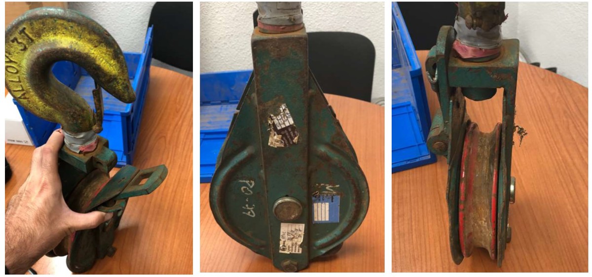 IMCA SF Failed lifting equipment: fatality during pipe erection activity images of failed pulley