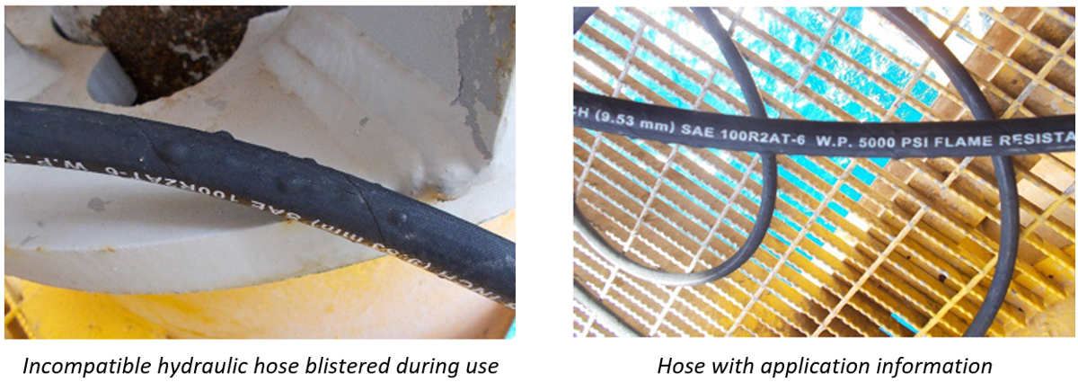 SF 21/23 5 BSEE: Improper use and application of high-pressure hoses 1 incompatible hydraulic hose blistered during use; hose with application information