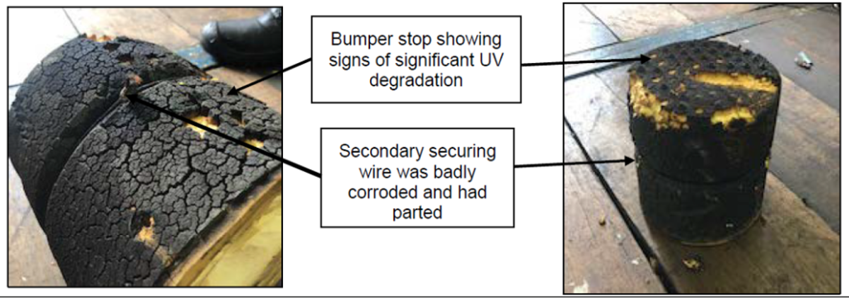 Bumper stop showing signs of significant UV degradation; Secondary securing wire was badly corroded and had parted