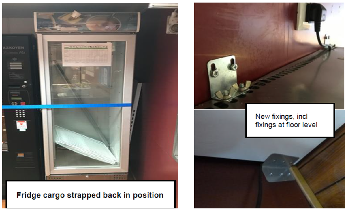 The fridge was secured to the deck with cargo straps and later returned to the upright position, inspected by the  ships electrician and secured to the bulkhead with alternative suitable fixings. The fridge was secured to the deck with cargo straps and later returned to the upright position, inspected by the  ships electrician and secured to the bulkhead with alternative suitable fixings.