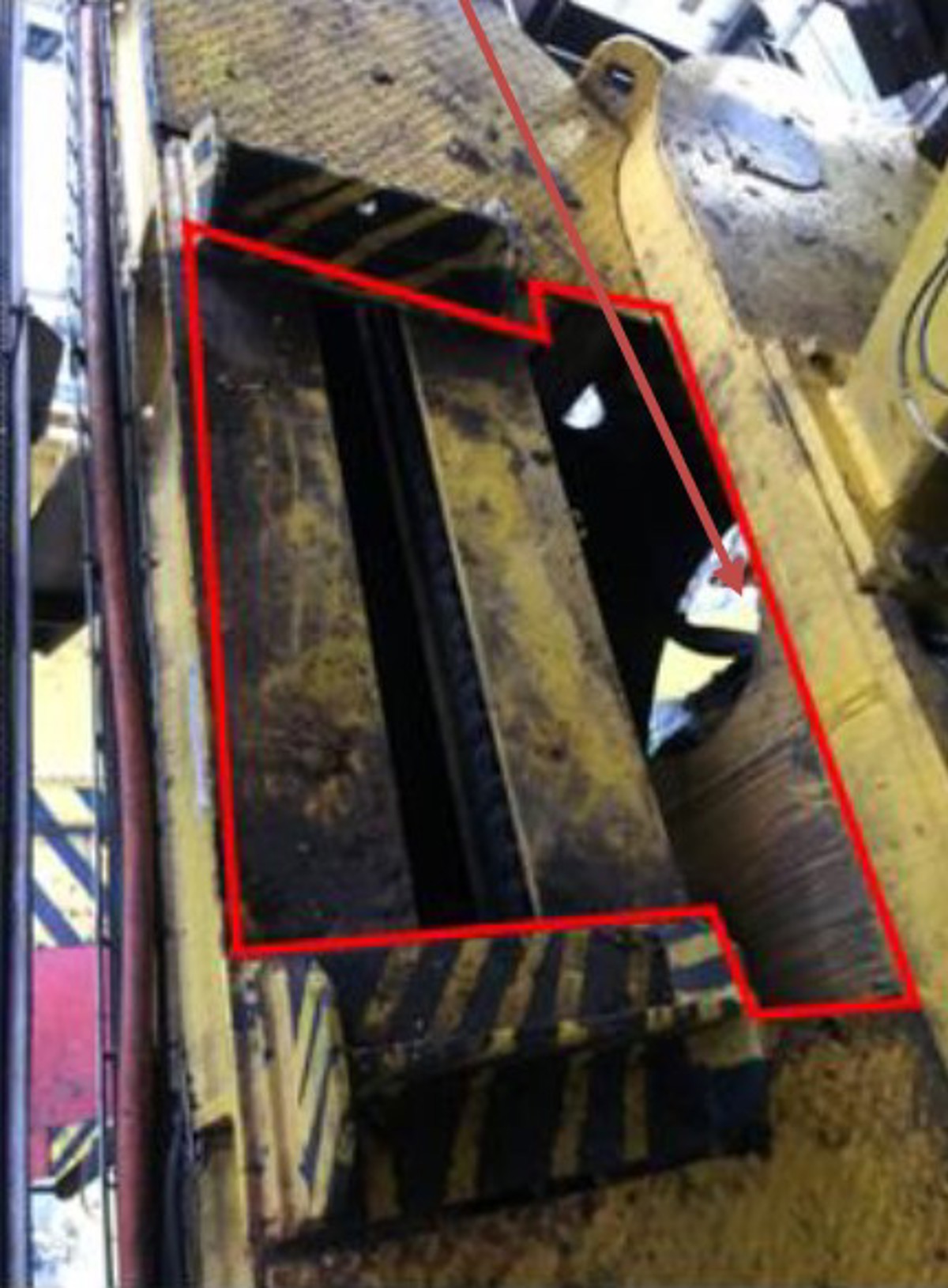 Initial location of steel plate before fall: pink line showing no support bracket installed for forward section of deck plate