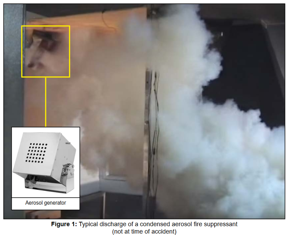 IMCA SF 17/20: Inadvertent activation of condensed aerosol fire extinguishing system leads to a fatality Safety Flash 1720 11 The UK Marine Accident Investigation Branch (MAIB) has issued Safety Bulletin SB1/2020 highlighting a potentially serious hazard, associated with condensed aerosol firefighting suppressant particles after a fatal accident on fishing vessel Resurgam.