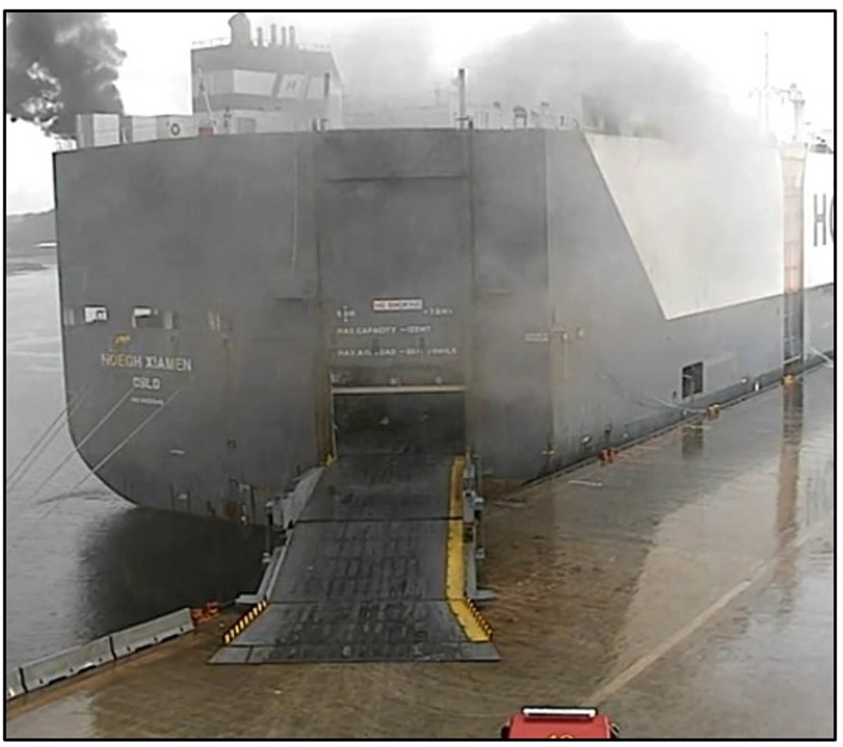 IMCA SF NTSB: Failure to disconnect and secure vehicle batteries led to fire Photo of vehicle carrier on fire