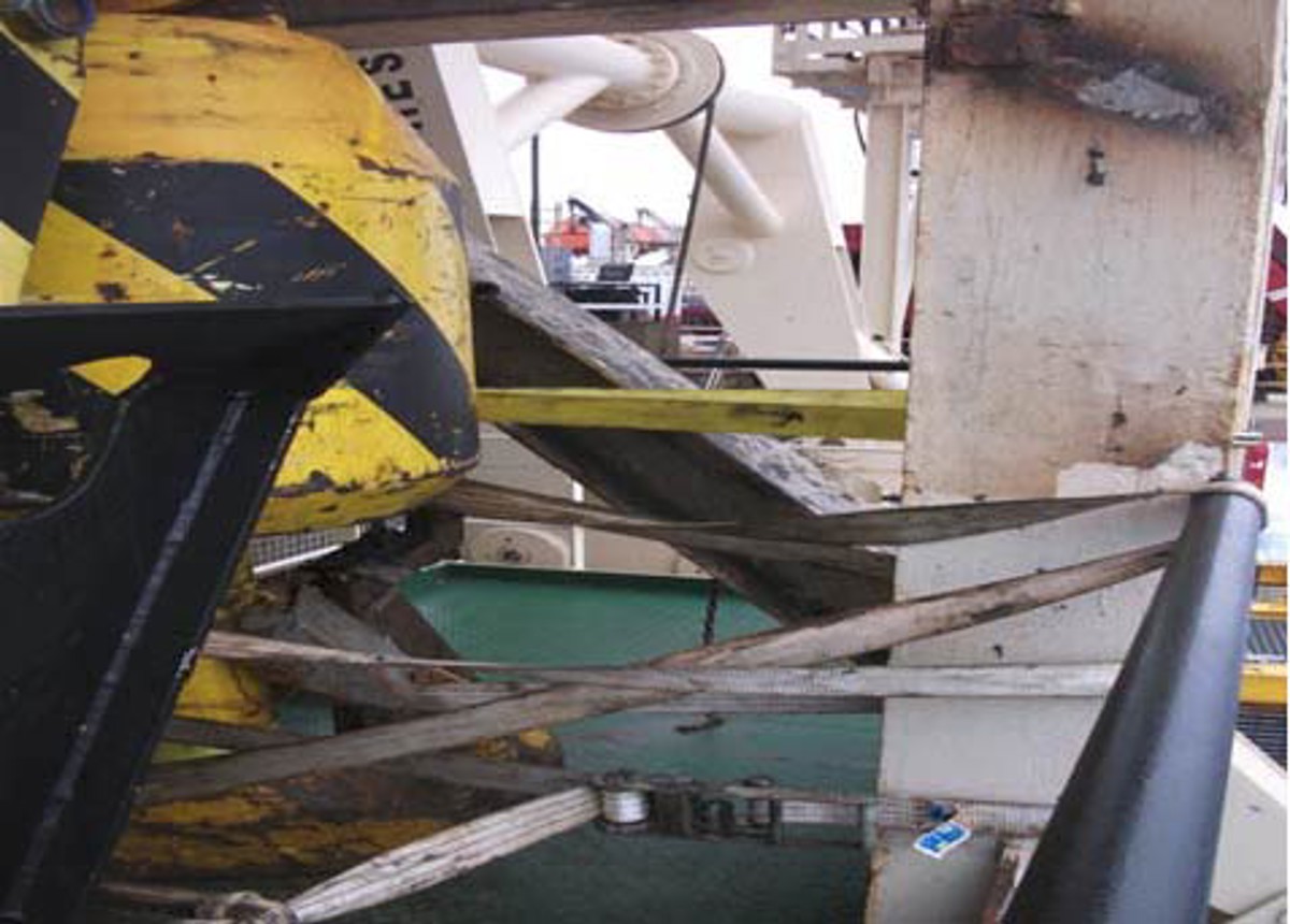 IMCA SF Lost time injury (LTI): Crush injury – arm trapped by movement of crane block 2 Crane block and upright showing how crane block moved