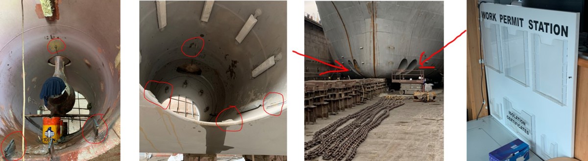 Vessel hull maintenance work in dry dock: examples included mesh cutting, pad-eye welding works on a vessel’s hull, and an empty PTW station