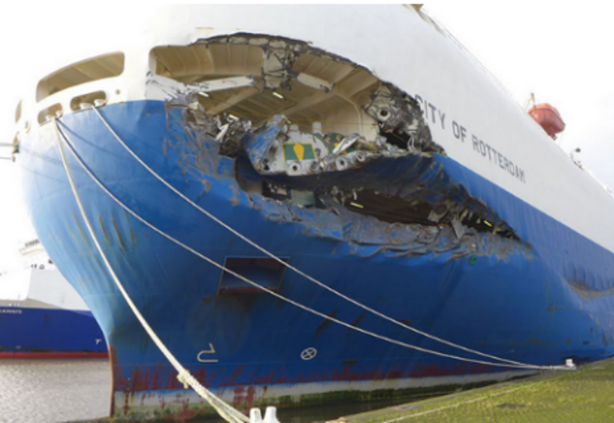 Damage to car carrying vessel following collision with ro-ro freight ferry Primula Seaways