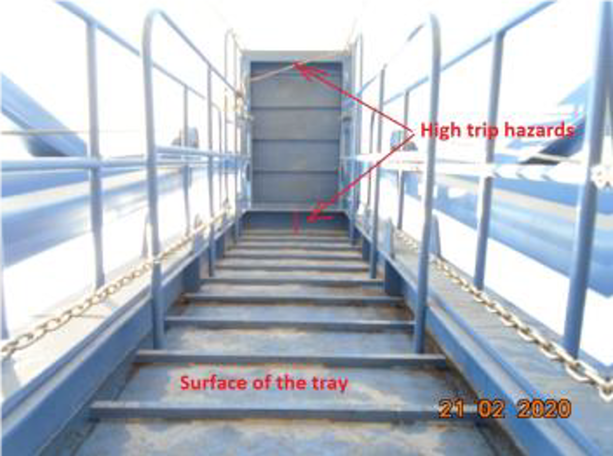 IMCA SF 18/20: Near miss/positive: crew exercised stop work on new gangway 10 A newly installed gangway was found inadequate and unsafe.