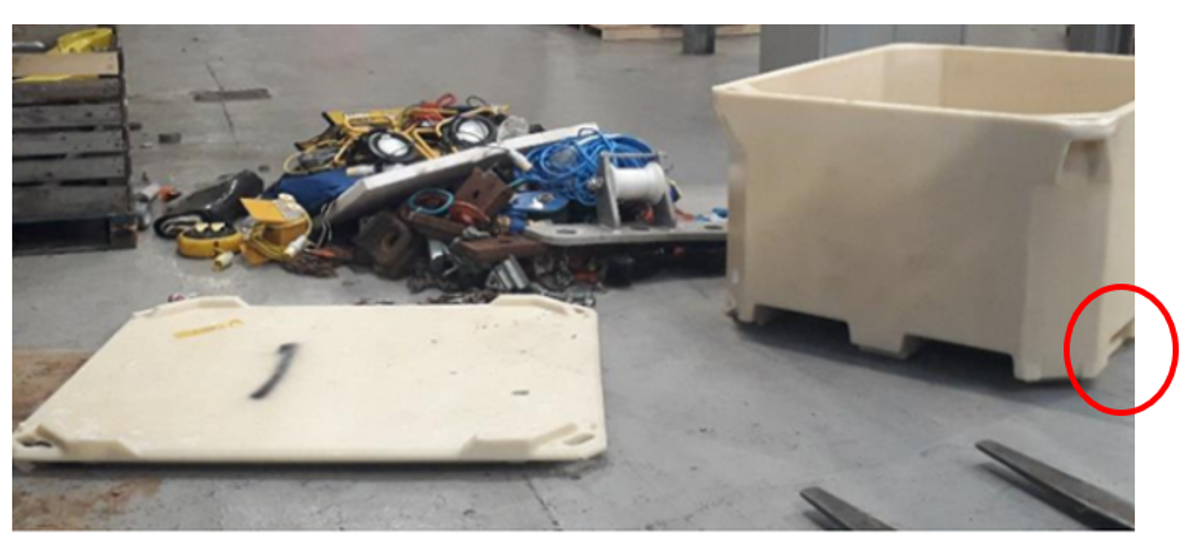 IMCA SF 17/19: High potential near miss – storage box dropped from forklift 63 The incident occurred when storage boxes containing items of equipment located on an intermediate floor at a supply base were being lifted from the level using a forklift truck