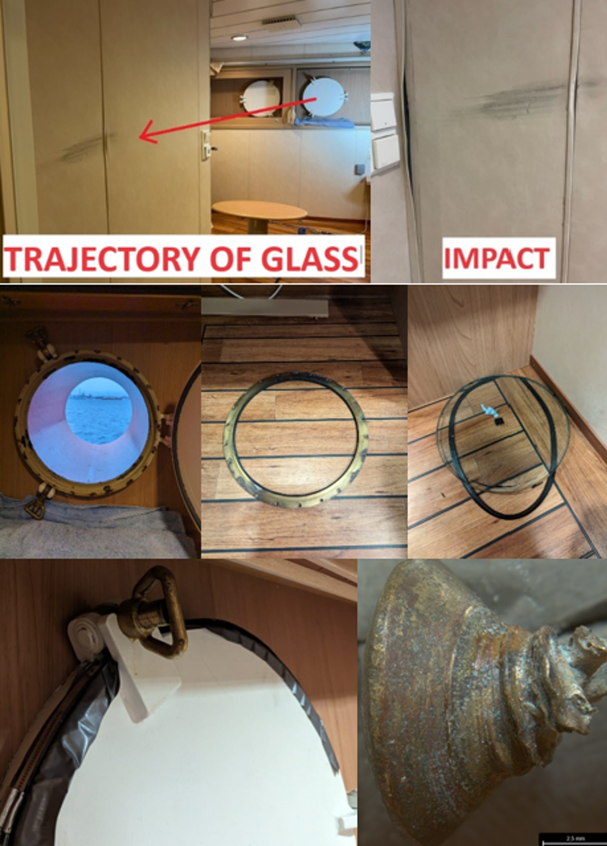 IMCA SF Side scuttle (porthole) knocked out by wave impact Photo series of porthole knocked out by wave