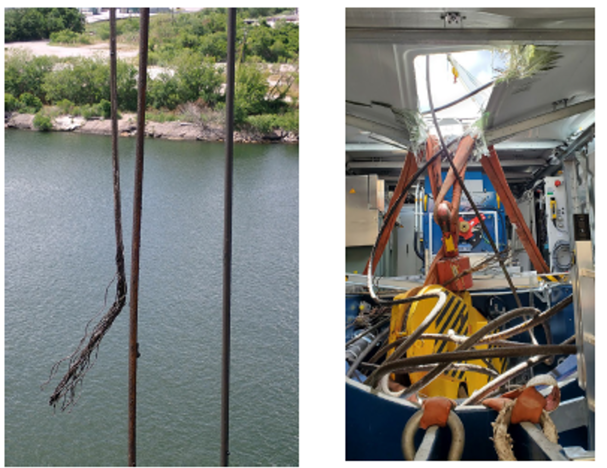 IMCA SF: NTSB: Crane wire failure 1 Parted wire rope on the crane side, along with Crane block smashed into the top of the damaged nacelle
