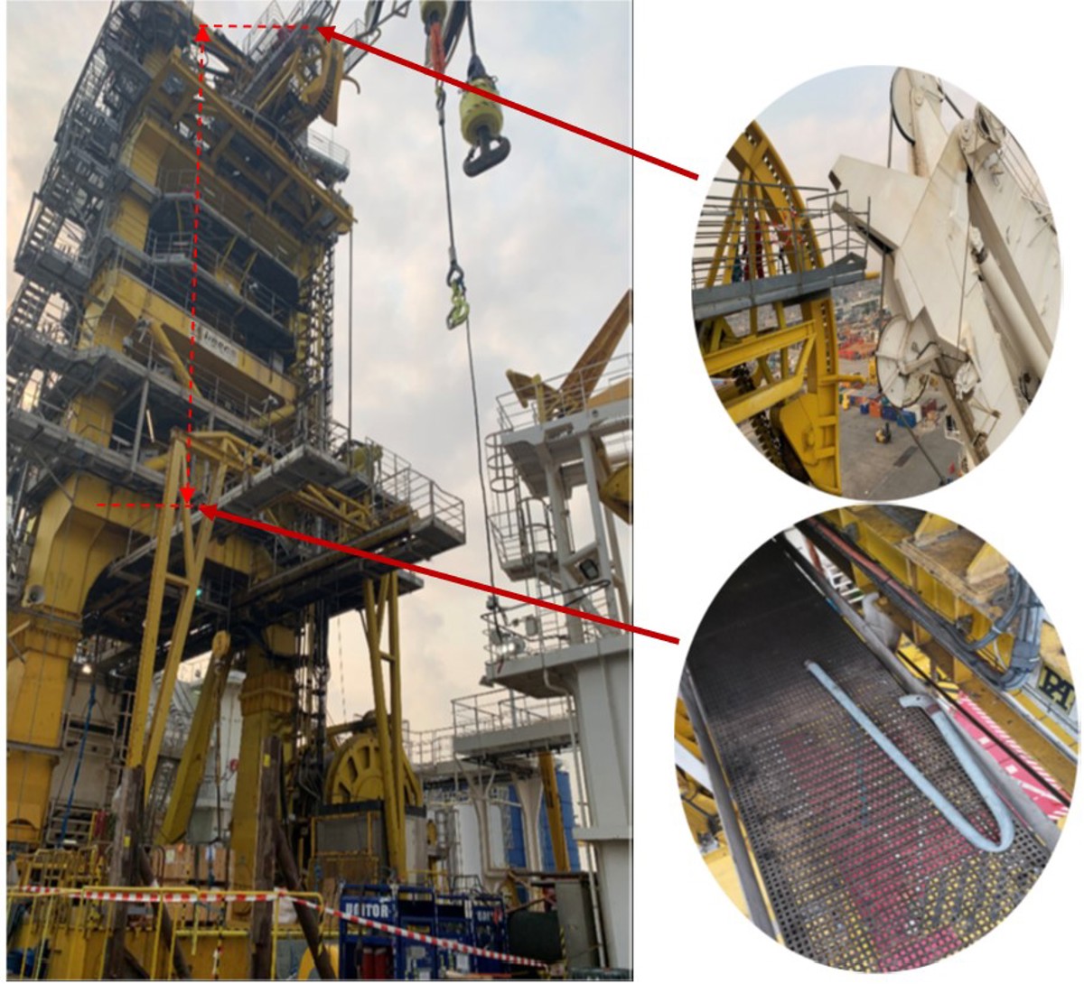 A crane made contact with a pipelay tower handrail during a routine lifting operation, resulting in a serious dropped object event