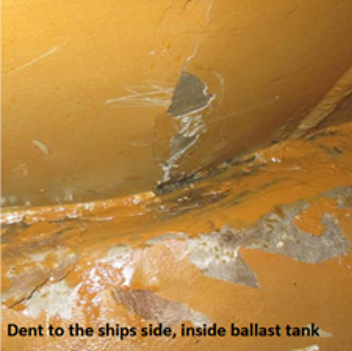 IMCA SF MSF: Contact between Vessel and Offshore Installation Photo of dent on the side of a ship