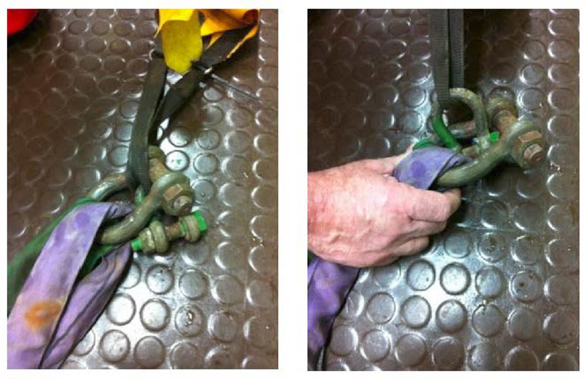 Arrangement of shackles that allowed lift bag to come free and ascend to surface