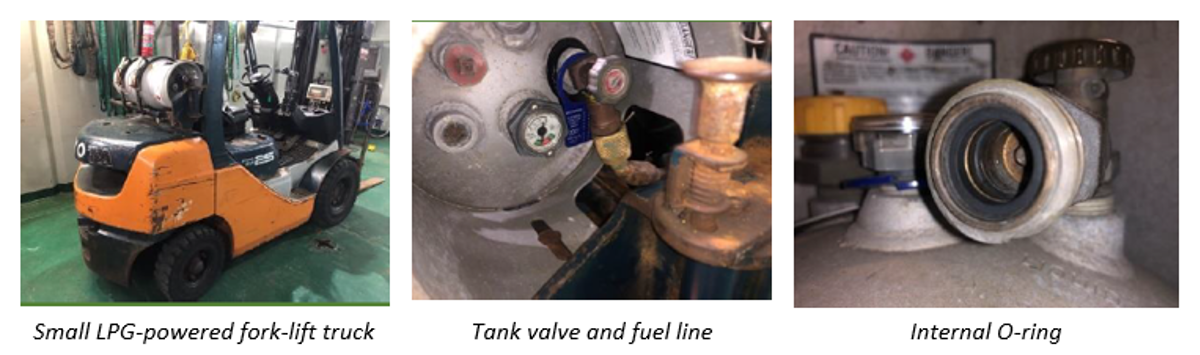 IMCA SF 24/20: Near miss/positive: Internal O-ring seal found damaged on fuel system Sf 2420 52 In a vessel alongside, a new fuel gas cylinder was connected to a gas-powered forklift truck. When the delivery valve was opened gas leaked from the connection between the cylinder and the hose. The cylinder was removed and the internal O-ring seal was found to be damaged.