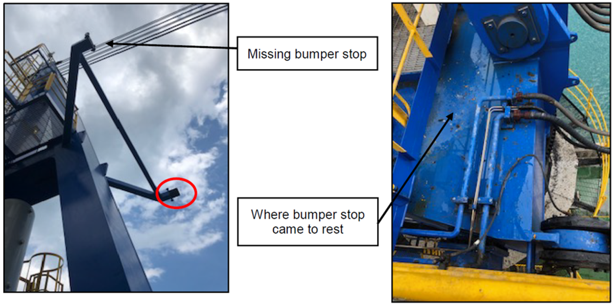 This was a high potential near miss dropped object incident in which a crane boom bumper stop fell onto the crane cab