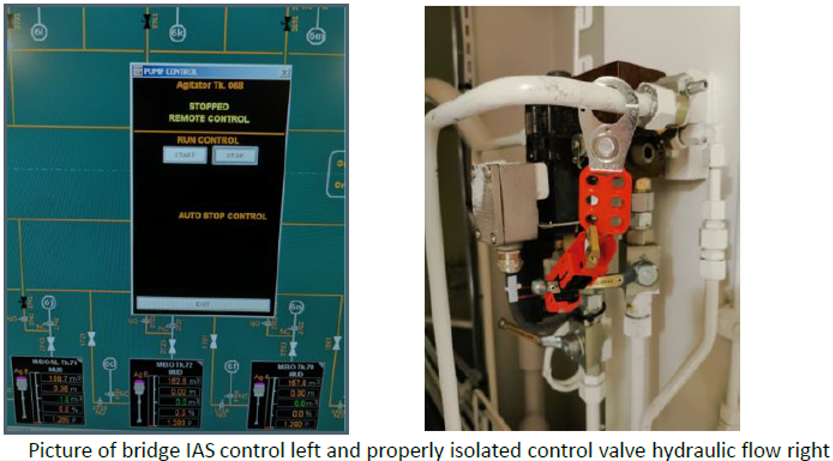 Picture of bridge IAS control (left); and properly isolated control valve hydraulic flow (right)