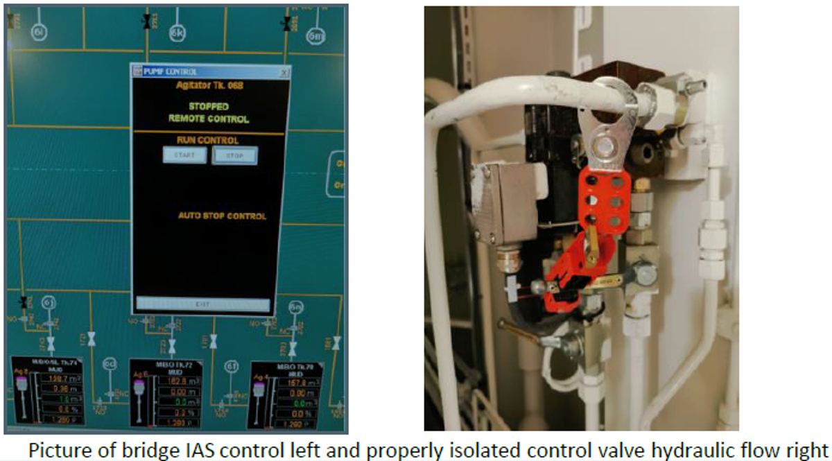 IMCA SF 12/20: Agitator started moving during mud tank cleaning – leading to injury 7 1 Picture of bridge IAS control (left); and properly isolated control valve hydraulic flow (right)