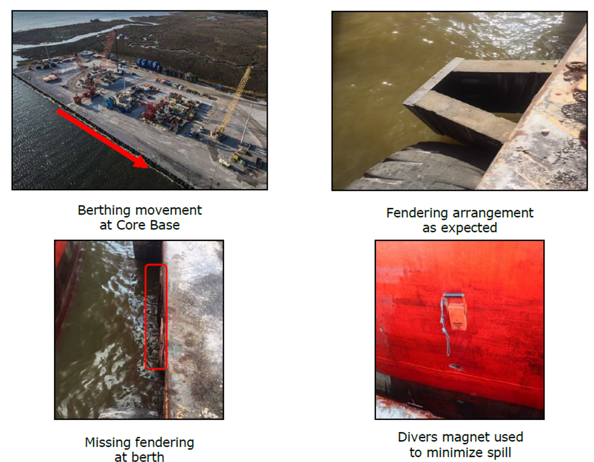 IMCA SF 24/20: Hull damage caused oil leakage from settling tank Sf 2420 12 As the vessel was berthing a section of missing fendering, just aft of the bow, was contacted and the hull punctured into the starboard forward fuel tank.