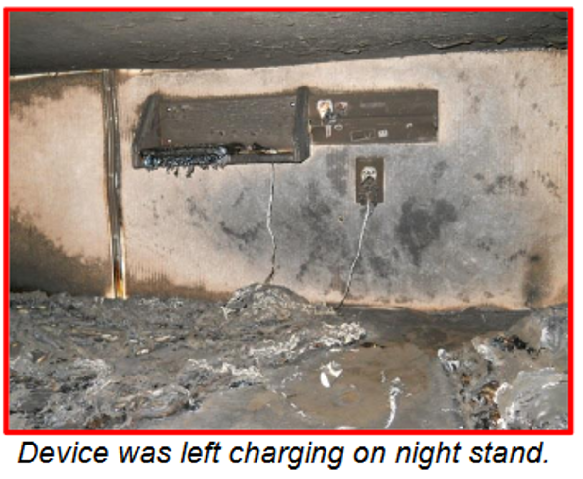 Fire damage from device left charging on night stand