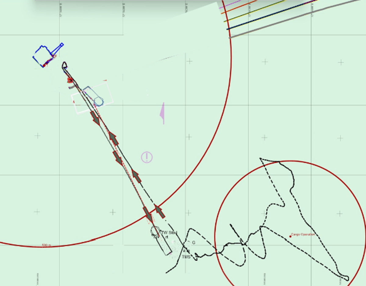 Vessel track and the 2 circles plotted on the survey screen