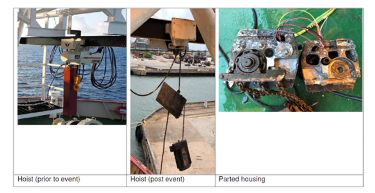 Gantry hoist housing included a chain box containing approximately 10 m of 10mm chain weighing approximately 19 kg which dropped 4m (12ft) onto the deck