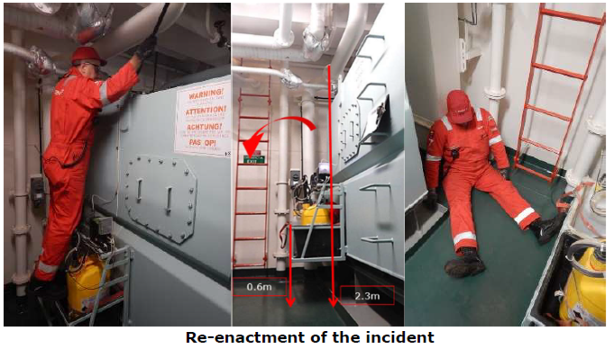 Re-enactment of the confined space entry incident in which a person was overcome by fumes and rendered unconscious