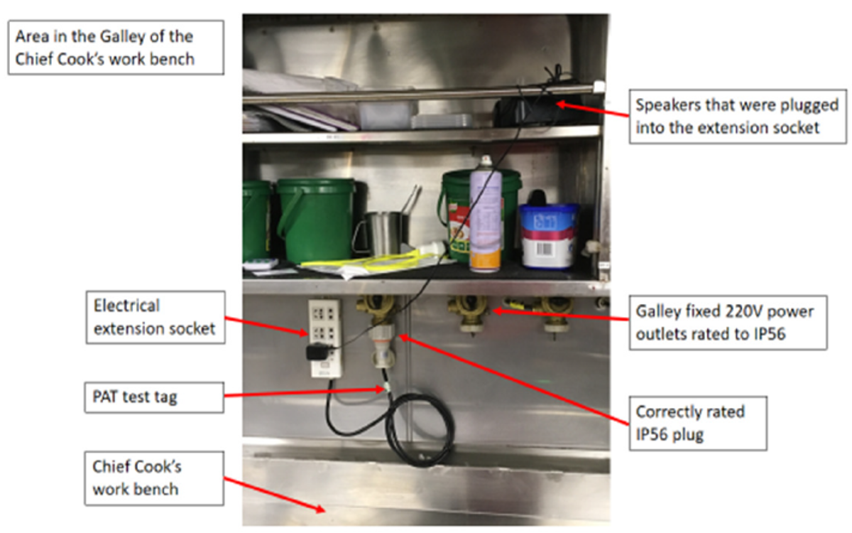 A person cleaning the galley got a mains electric shock; during galley cleaning, the chief cook was using a wet cloth to wipe clean the food preparation areas