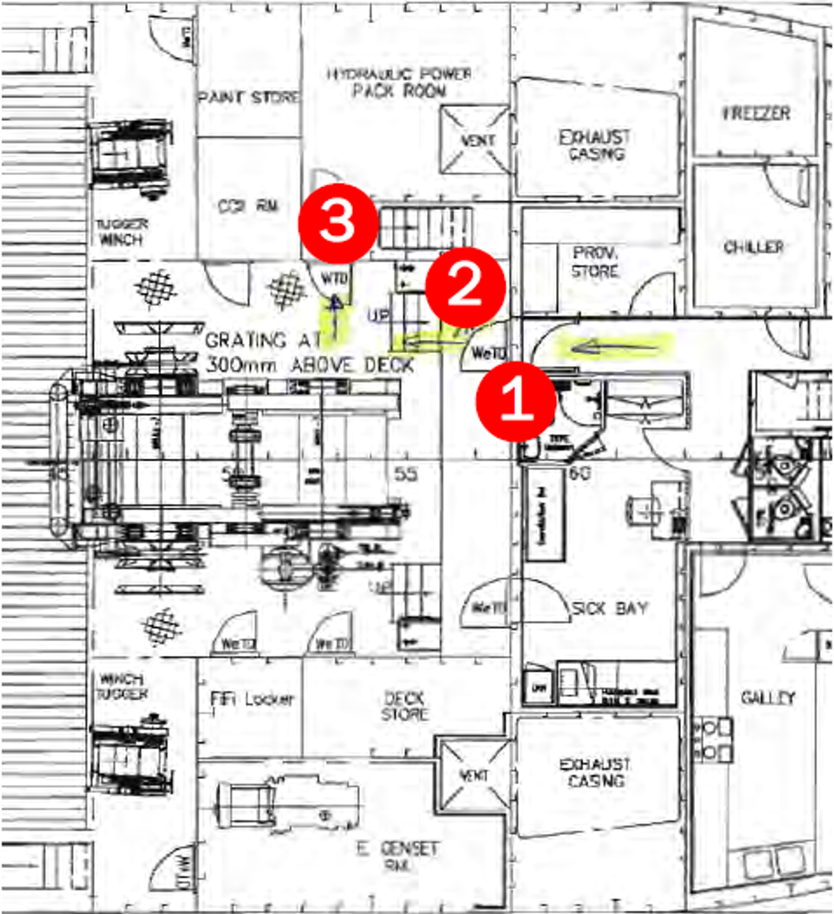 Diagram showing path injured crewman took