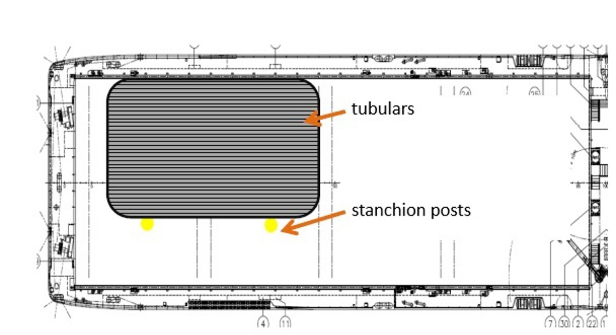 IMCA SF 07/19: Near miss: cargo shifted on deck in heavy weather 07 19 Deck Layout deck layout showing tubulars and stanchion posts